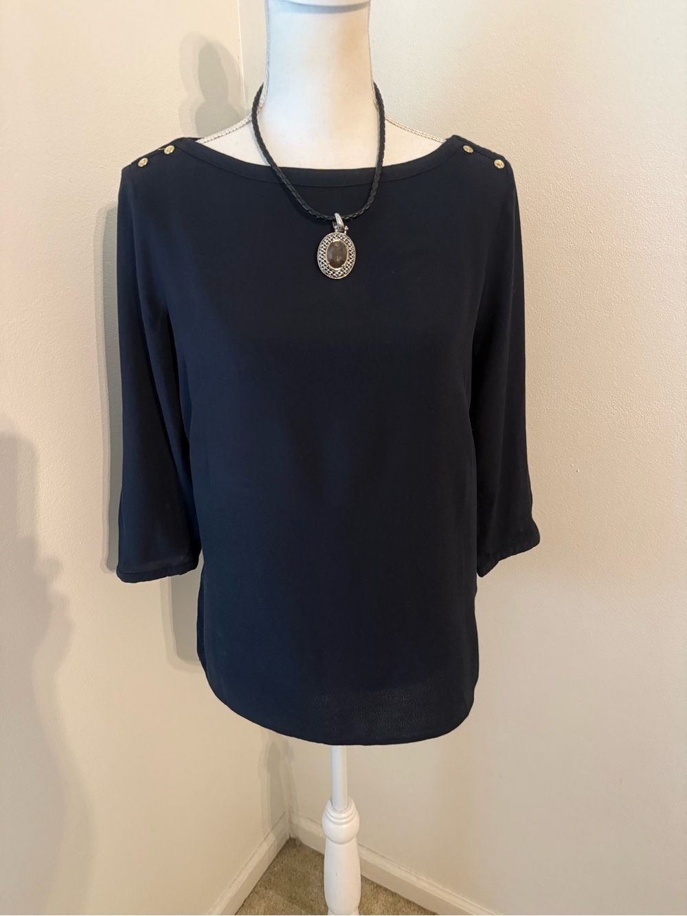 Banana Republic Navy Blouse with Gold Shoulder Buttons